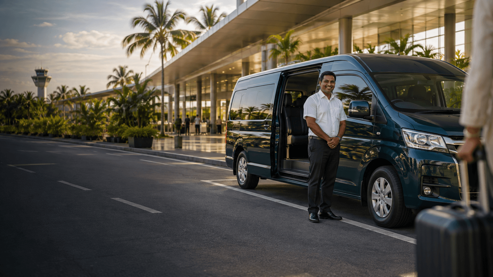 A private transfer driver beside a passenger van outside a tropical Sri Lankan airport