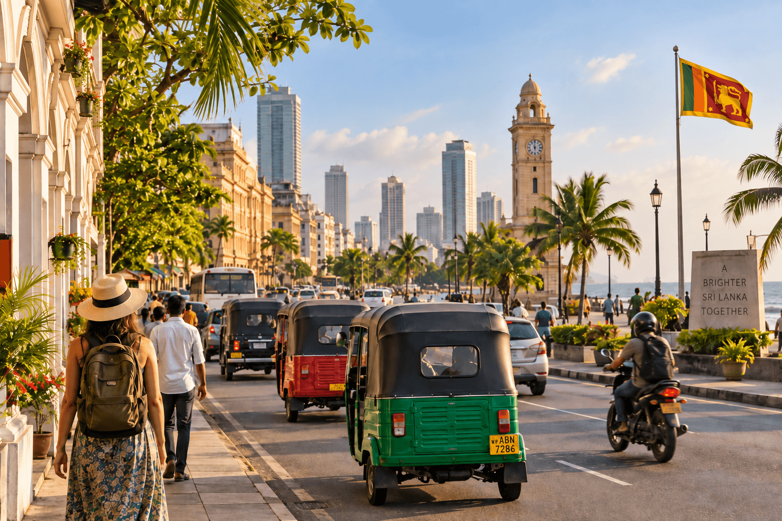 Tuk-tuks and pedestrians on a busy Colombo street