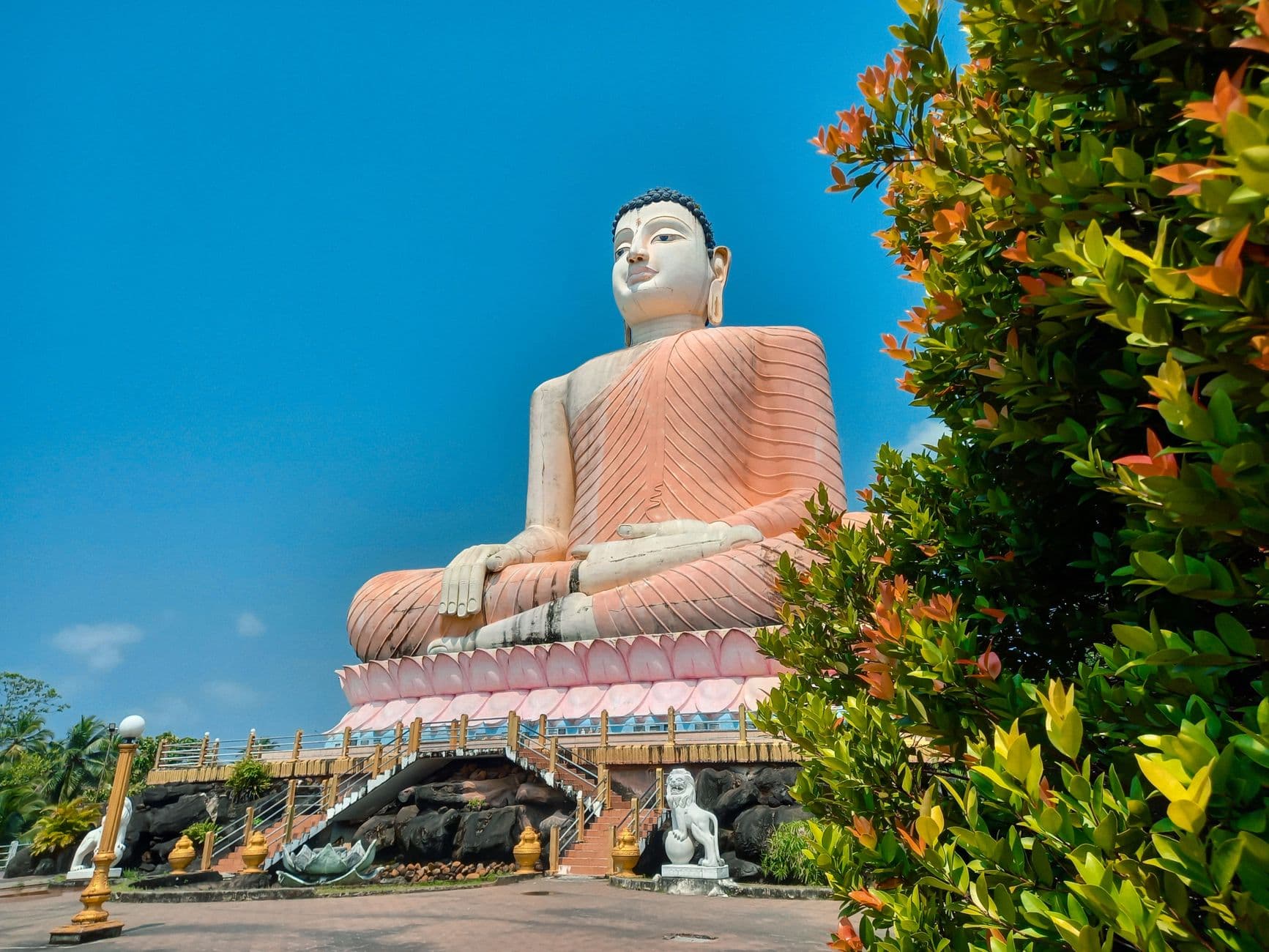 A giant seated Buddha rising over the palms